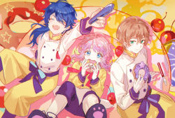 Rule 34 | 3boys, amemura ramuda, apron, arisugawa dice, arm support, arm up, black footwear, black pants, blue eyes, blue hair, blush, bow, bowtie, brown hair, buttons, chef, cherry, closed eyes, commentary, crossed bangs, doughnut, earrings, eating, feet out of frame, fling posse, food, fruit, green eyes, hitokoto, holding, holding food, holding tongs, hypnosis mic, jewelry, light smile, long hair, looking at viewer, male focus, multiple boys, open mouth, pants, paw print soles, pink hair, ponytail, red neckwear, shirt, sidelocks, smile, tassel, tassel earrings, tongs, waist apron, white apron, white shirt, yellow apron, yellow background, yellow pants, yellow shirt, yellow theme, yumeno gentaro