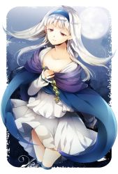 Rule 34 | 1girl, akatsuki yakyou, cape, closed mouth, collarbone, dress, gensou suikoden, gensou suikoden ii, gensou suikogaiden, hairband, highres, jewelry, long hair, looking at viewer, red eyes, sierra mikain, silver hair, sketch, skirt, smile, solo