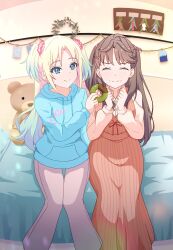 Rule 34 | 2girls, absurdres, bedroom, blonde hair, blue eyes, blue hair, blue hoodie, brown dress, brown hair, clenched hands, closed eyes, closed mouth, clothes writing, clothing cutout, collared shirt, commentary request, dress, dress shirt, feeding, feet out of frame, fisheye, flower, food, fujishima megumi, gradient hair, grey pants, hair flower, hair ornament, highres, hoenn (jgm1102), holding, holding doughnut, holding food, hood, hoodie, indoors, light blue hair, link! like! love live!, long hair, looking at another, love live!, mira-cra park!, multicolored hair, multiple girls, on bed, osawa rurino, pants, parted bangs, pinafore dress, pink flower, shirt, shoulder cutout, sitting, sleeveless, sleeveless dress, smile, split mouth, stuffed animal, stuffed toy, sweater, sweater dress, teddy bear, twintails, two side up, virtual youtuber, white flower, white shirt