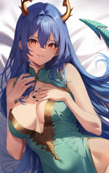 Rule 34 | amagimei, bed sheet, black nails, blue hair, breasts, character request, cleavage, cleavage cutout, clothing cutout, copyright request, covered navel, dragon girl, dragon horns, dragon tail, dress, green dress, green scales, highres, horns, large breasts, long hair, looking at viewer, lying, on back, on bed, red eyes, smile, tail