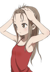 Rule 34 | 1girl, armpits, arms up, brown eyes, brown hair, forehead, highres, long hair, original, simple background, sleeveless, solo, white background, yamamoto souichirou