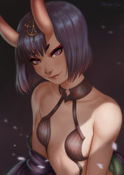 Rule 34 | 1girl, arms at sides, blue gemstone, blunt bangs, bob cut, breasts, breasts apart, dandon fuga, dark background, eyelashes, fang, fang out, fate/grand order, fate (series), gem, head tilt, horns, impossible clothes, looking at viewer, purple eyes, purple hair, revealing clothes, short hair, shuten douji (fate), simple background, skin-covered horns, small breasts, smile, solo, thick eyebrows, upper body