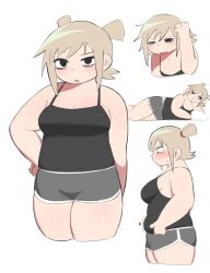 Rule 34 | 1girl, absurdres, bag of chips, bags under eyes, bare arms, bare shoulders, belt, black belt, black camisole, black eyes, blonde hair, blush, breasts, camisole, cleavage, cropped legs, dolphin shorts, eating, fat, hand on own hip, highres, holding belly, looking at viewer, lying, medium breasts, midriff peek, multiple views, nimo (b45ui), on side, one eye closed, plump, raised eyebrow, roxanne richter, scott pilgrim (series), short hair, short twintails, shorts, sidelocks, solo, sweatdrop, thick thighs, thighs, twintails, two side up, white background