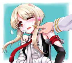 Rule 34 | 1girl, arm sling, artist request, azur lane, bandages, blonde hair, blue background, blush, breasts, cheek poking, commentary request, head bump, heart, juneau (azur lane), necktie, open mouth, poking, portrait, red eyes, red necktie, shirt, short hair with long locks, sleeveless, sleeveless shirt, small breasts, solo, tears