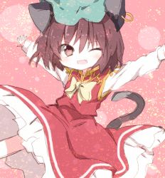 Rule 34 | 1girl, animal ears, bad id, bad pixiv id, bow, brown eyes, brown hair, cat ears, cat girl, cat tail, chen, dress, earrings, fang, female focus, hat, jewelry, mari audio, open mouth, outstretched arms, short hair, smirk, solo, tail, touhou