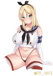 Rule 34 | 1girl, black hairband, black neckerchief, black panties, blonde hair, blue eyes, blue sailor collar, breasts, cosplay, cowboy shot, crop top, elbow gloves, gloves, hairband, highleg, highleg panties, highres, kantai collection, large breasts, long hair, looking at viewer, miniskirt, neckerchief, nelson (kancolle), no pants, one-hour drawing challenge, panties, sailor collar, shimakaze (kancolle), shimakaze (kancolle) (cosplay), shirt, simple background, sitting, skirt, sleeveless, sleeveless shirt, solo, striped clothes, striped thighhighs, tf cafe, thighhighs, twitter username, underwear, white background, white gloves