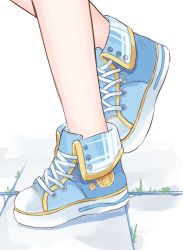 Rule 34 | 1girl, blue footwear, close-up, foot focus, footwear focus, grass, legs, original, out of frame, shoes, sneakers, solo, standing, standing on one leg, star (symbol), tile floor, tiles, white background, yuuhagi (amaretto-no-natsu)