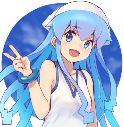 Rule 34 | 1girl, :d, bad id, bad pixiv id, bare shoulders, blue eyes, blue hair, blush, collarbone, commentary request, dress, hair between eyes, hand up, hat, highres, ikamusume, long hair, looking at viewer, open mouth, shinryaku! ikamusume, sleeveless, sleeveless dress, smile, solo, squid hat, suketoudara (artist), tentacle hair, v, very long hair, white background, white dress, white hat