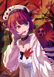 Rule 34 | 1girl, absurdres, autumn leaves, bow, breasts, cellphone, detached collar, dress, fangs, heterochromia, highres, holding, holding phone, hololive, hololive english, horns, hstsai (david0621), irys (casualrys) (hololive), irys (hololive), jewelry, leaf, looking at viewer, multicolored hair, nail polish, official alternate costume, phone, pink eyes, pink nails, pointy ears, purple hair, red hair, small breasts, smartphone, smile, v, virtual youtuber