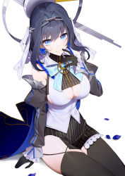Rule 34 | absurdres, bare shoulders, black hair, black thighhighs, blouse, blue eyes, breasts, chain, cleavage, cleavage cutout, clothing cutout, detached sleeves, finger to mouth, hair between eyes, hair intakes, hair ornament, halo, headband, headgear, highres, hololive, hololive english, looking at viewer, mechanical halo, ouro kronii, ouro kronii (1st costume), seizou hidzuke, shirt, sitting, sleeveless, sleeveless shirt, smile, solo, thighhighs, virtual youtuber, white background