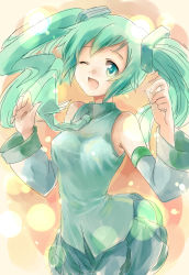 Rule 34 | 1girl, ;d, bare shoulders, detached sleeves, green eyes, green hair, hatsune miku, highres, light particles, long hair, manyu, matching hair/eyes, necktie, one eye closed, open mouth, sketch, skirt, smile, solo, twintails, vocaloid, wink, yuni (manyutin)