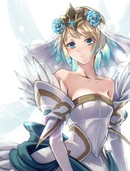Rule 34 | 1girl, absurdres, bare shoulders, blonde hair, blue eyes, blue flower, blue hair, blue rose, blush, bridal veil, bride, bride (fire emblem), clear glass (mildmild1311), closed mouth, collarbone, commentary request, detached sleeves, dress, earrings, feather trim, fire emblem, fire emblem heroes, fjorm (fire emblem), flower, gradient hair, hair flower, hair ornament, highres, jewelry, looking at viewer, multicolored hair, nintendo, official alternate costume, rose, short hair, signature, smile, solo, strapless, strapless dress, tiara, twitter username, two-tone hair, veil, wedding dress, white dress, white sleeves
