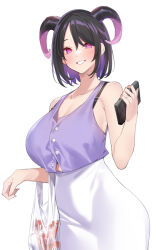 Rule 34 | 1girl, black horns, blush, bra strap, breasts, button gap, camisole, commentary request, curled horns, demon girl, demon horns, horns, large breasts, looking at viewer, mature female, original, pink eyes, popqn, purple camisole, purple horns, simple background, skirt, smile, solo, white background, white skirt