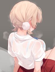 Rule 34 | 1girl, absurdres, back, blonde hair, blush, bra visible through clothes, bralines, dress shirt, ear blush, festa11307070, hair ornament, highres, indie virtual youtuber, low twintails, nape, official alternate hairstyle, pom pom (clothes), pom pom hair ornament, red skirt, see-through, shigure ui (vtuber) (2nd costume), shigure ui (vtuber), shigure ui (vtuber) (2nd costume), shirt, short hair, short twintails, sitting, skirt, solo, steaming body, sweat, twintails, underwear, virtual youtuber, wet, wet clothes, wet shirt