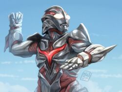 Rule 34 | alien, armor, blue sky, chest jewel, cloud, day, elbow blade, elbow spikes, fighting stance, giant, glowing, glowing chest, glowing eyes, highres, kaijin, levanshousa913, no humans, no pupils, seijin, sky, spikes, superhero costume, supervillain, textless version, tsuburaya productions, ultra series, ultraman: the next, ultraman the next, white eyes, yellow eyes
