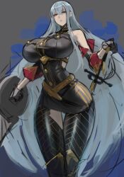 Rule 34 | 1girl, :o, alternate breast size, bare shoulders, black gloves, breasts, commentary, eu03, gloves, hair between eyes, huge breasts, large breasts, long hair, looking at viewer, military, military uniform, open mouth, photoshop (medium), red eyes, selvaria bles, senjou no valkyria, senjou no valkyria (series), senjou no valkyria 1, sheath, sheathed, shield, sketch, sketch background, skirt, solo, standing, sword, underbust, unfinished, uniform, very long hair, weapon, white hair