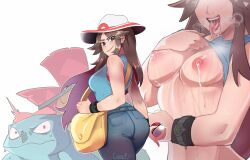 Rule 34 | 1girl, 1other, absurdres, ass, bag, blue pants, blue tank top, bra strap, breasts, brown eyes, brown hair, bucket hat, clothes lift, commentary, creatures (company), denim, drooling, english commentary, game freak, gen 1 pokemon, hat, head out of frame, hentaly, highres, holding, holding poke ball, inset, jeans, lactation, leaf (pokemon), long hair, looking back, medium breasts, messenger bag, narrow waist, navel, nintendo, nipples, pants, poke ball, poke ball (basic), pokemon, pokemon (creature), pokemon frlg, shirt lift, shoulder bag, solo focus, tank top, tongue, tongue out, venusaur, watch, wide-eyed, wristband, wristwatch