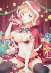 Rule 34 | 1girl, :p, absurdres, bell, bikini, black bikini, black thighhighs, blonde hair, blue eyes, blue ribbon, blurry, blurry background, blush, boots, bow, box, breasts, breasts out, christmas, closed mouth, collarbone, cream, depth of field, earrings, food on body, frilled bikini, frills, fringe trim, gift, gift box, highres, hiten (hitenkei), holding, hood, hood up, jewelry, jingle bell, knee boots, letter, looking at viewer, medium breasts, nail polish, navel, nipple slip, nipples, one breast out, original, pink nails, red footwear, ribbon, sack, santa boots, scan, sitting, smile, solo, stomach, striped ribbon, stud earrings, swept bangs, swimsuit, thighhighs, tongue, tongue out, wariza