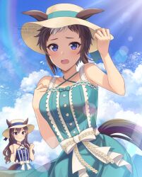 Rule 34 | 2girls, animal ears, aqua eyes, bare shoulders, blue dress, blue sky, bow, chikabo m, clenched hands, clothing cutout, cloud, cloudy sky, commentary request, cosplay, dress, ears through headwear, hat, horse ears, horse girl, horse tail, mejiro dober (umamusume), mejiro dober (umamusume) (cosplay), mejiro dober (vacation safir) (umamusume), mejiro ryan (umamusume), multiple girls, outdoors, purple eyes, sky, sun hat, tail, tail through clothes, umamusume, white bow