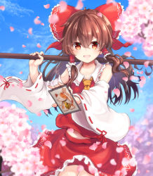 Rule 34 | 1girl, :d, ahoge, ascot, bare shoulders, blurry, blush, bow, breasts, brown eyes, brown hair, card, cherry blossoms, coin, collarbone, commentary request, cowboy shot, day, depth of field, detached sleeves, falling petals, flower, frills, gohei, goutokuji mike, goutokuji mike (cat), hair between eyes, hair bow, hair tubes, hakurei reimu, hand up, highres, holding, holding card, holding stick, long hair, looking at viewer, maneki-neko, open mouth, outdoors, petals, pink flower, rabittofaa, red bow, red skirt, red vest, sidelocks, skirt, sky, small breasts, smile, solo, stick, touhou, unconnected marketeers, v-shaped eyebrows, vest, wide sleeves, yellow ascot