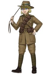 Rule 34 | 1girl, absurdres, anyan (jooho), belt, belt pouch, black footwear, blonde hair, blue eyes, brown hat, brown jacket, brown pants, cavalry, full body, hat, highres, jacket, military, military uniform, open mouth, original, pants, pouch, riding crop, shoes, short hair, simple background, smile, solo, standing, teeth, uniform, white background, world war i