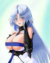 Rule 34 | 1girl, @ @, absurdres, alsace (azur lane), azur lane, bare shoulders, between breasts, black gloves, blue eyes, blue hair, blush, breast strap, breasts, cipher engage, cleavage, commentary request, commission, dress, elbow gloves, gauntlets, gloves, hand on own cheek, hand on own face, highres, large breasts, long hair, looking at viewer, no mask, open mouth, parted bangs, pixiv commission, ribbon, sidelocks, sleeveless, sleeveless dress, solo, standing, strap between breasts, underbust, upper body, very long hair, white dress