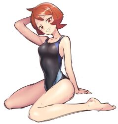 Rule 34 | 1girl, alternate costume, arezu (pokemon), arm support, artist request, bare arms, bare legs, barefoot, black one-piece swimsuit, blush, breasts, brown hair, collarbone, competition swimsuit, creatures (company), full body, game freak, grin, hand up, head tilt, highres, medium breasts, nintendo, one-piece swimsuit, pokemon, pokemon legends: arceus, short hair, simple background, sitting, sketch, smile, solo, swimsuit, white background
