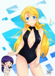 Rule 34 | 10s, 2girls, artist name, ayase eli, bikini, blonde hair, blue eyes, blush, breasts, camcorder, cleavage, cleavage cutout, clothing cutout, contrapposto, drooling, ehoumaki, embarrassed, food, front zipper swimsuit, highres, long hair, love live!, love live! school idol project, low twintails, makizushi, makotu, meme attire, multiple girls, one-piece swimsuit, open mouth, purple hair, recording, signature, standing, sushi, swimsuit, thumbs up, tojo nozomi, twintails, video camera