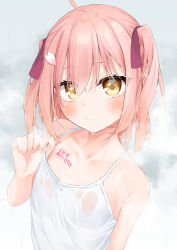 Rule 34 | 1girl, ahoge, bare arms, bare shoulders, blush, brown eyes, camisole, closed mouth, collarbone, commentary request, hair between eyes, hair ribbon, hand up, highres, hijouguti, original, pink hair, purple ribbon, ribbon, see-through, solo, two side up, wet, wet clothes, white camisole