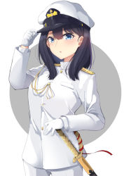 Rule 34 | 10s, 1girl, :o, aiguillette, arm up, black hair, blue eyes, blush, commentary request, cowboy shot, gloves, gridman universe, hand on headwear, hat, jacket, long hair, long sleeves, looking at viewer, military, military jacket, military uniform, minato yu, parted lips, peaked cap, sheath, sheathed, solo, ssss.gridman, sword, takarada rikka, two-tone background, uniform, weapon, white gloves, white hat, white jacket