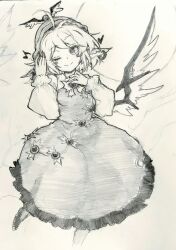 Rule 34 | 1girl, absurdres, animal ears, bird ears, bird wings, blush stickers, carbohydrate (asta4282), closed mouth, collared shirt, dress, earrings, eighth note, fingernails, greyscale, hat, heart, highres, jewelry, long sleeves, looking at viewer, monochrome, musical note, mystia lorelei, one eye closed, puffy long sleeves, puffy sleeves, sharp fingernails, shirt, short hair, smile, solo, touhou, traditional media, winged hat, wings