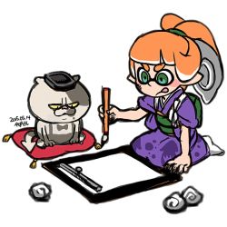 Rule 34 | 1boy, 1girl, animal print, artist name, bow, bowtie, calligraphy, calligraphy brush, cat, colored sclera, dated, ghost-pepper, green eyes, inkling, inkling girl, inkling player character, japanese clothes, judd (splatoon), nintendo, object on head, orange hair, paintbrush, pillow, ponytail, seiza, simple background, sitting, splatoon (series), splatoon 1, suspenders, tongue, tongue out, yellow sclera