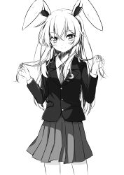 Rule 34 | 1girl, absurdres, animal ears, blazer, blush, closed mouth, collared shirt, commentary, crescent, crescent pin, greyscale, hands in hair, highres, jacket, long hair, long sleeves, looking at viewer, monochrome, necktie, pleated skirt, rabbit ears, reisen udongein inaba, shirt, simple background, skirt, smile, solo, touhou, tsuukinkaisoku oomiya, white background