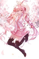 Rule 34 | 1girl, arm up, boots, cherry blossoms, detached sleeves, douzhi, flower, full body, hand on own face, hatsune miku, highres, long hair, looking at viewer, necktie, open mouth, pink eyes, pink hair, pink necktie, sakura miku, see-through, simple background, skirt, smile, solo, thigh boots, thighhighs, twintails, very long hair, vocaloid