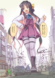 Rule 34 | 1girl, black footwear, black hair, boots, bow, breasts, building, bus, car, city, cross-laced footwear, destruction, dress, fang, giant, giantess, highres, kantai collection, lace-up boots, long hair, long sleeves, medium breasts, motor vehicle, multicolored hair, naganami (kancolle), open mouth, orange eyes, panicking, pantyhose, pink hair, pink pantyhose, purple dress, seo tatsuya, shirt, simple background, size difference, sketch, solo focus, tongue, translation request, two-tone hair, very long hair, walking, white background, white shirt, yellow bow
