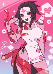 Rule 34 | 1girl, apron, black nails, blush stickers, brown hair, cowboy shot, dress, drill, gown, heart, highres, ileum (skullgirls), mask, monster, monster girl, nail polish, open mouth, pow3776, red eyes, sidelocks, skullgirls, smile, solo, sparkle, speech bubble, tentacles