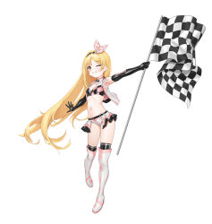 Rule 34 | 1girl, armpits, bare shoulders, black gloves, blonde hair, boots, breasts, checkered flag, closers, crop top, cropped vest, detached collar, elbow gloves, flag, full body, gloves, grin, hairband, highres, holding, holding flag, long hair, looking at viewer, lucy (closers), micro shorts, midriff, miniskirt, navel, non-web source, official art, one eye closed, open clothes, open vest, outstretched arms, race queen, shirt, shorts, showgirl skirt, skirt, sleeveless, sleeveless shirt, small breasts, smile, solo, standing, stomach, thigh boots, thighhighs, thighs, very long hair, vest, yellow eyes