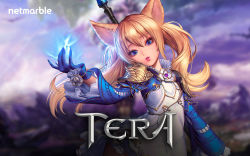Rule 34 | 1girl, animal ears, arm up, armor, artist request, blonde hair, blue eyes, blue gloves, copyright name, dog ears, dress, elin, gloves, lips, long hair, magic, official art, official wallpaper, outstretched arm, pauldrons, short dress, shoulder armor, solo, staff, tera online, twintails, upper body, wallpaper, weapon, white dress, wind, wind lift