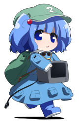 Rule 34 | 1girl, backpack, bag, blue dress, blue eyes, blue hair, boots, chibi, dress, eyes visible through hair, female focus, hair bobbles, hair ornament, hat, highres, kawashiro nitori, matching hair/eyes, microwave, oka (bananashoe), open mouth, randoseru, rubber boots, solo, television, touhou, twintails, two side up