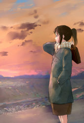 Rule 34 | 1girl, bad id, bad pixiv id, briefcase, brown hair, coat, from side, hand in pocket, highres, looking afar, matsuse daichi, original, ponytail, profile, scarf, sidelocks, skirt, solo, sunset, twilight