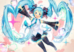 Rule 34 | 1girl, :d, absurdres, armpits, bare shoulders, beamed eighth notes, black ribbon, blue eyes, blue hair, blue nails, blue necktie, blue ribbon, blurry, breasts, bubble, depth of field, detached sleeves, eighth note, fingernails, gradient background, hair ribbon, happy, hatsune miku, heart, heart background, highres, jumping, komadori ui, long hair, looking at viewer, musical note, nail polish, necktie, open mouth, outstretched arms, pink background, ribbon, shaded face, shirt, simple background, skirt, sleeveless, sleeveless shirt, smile, solo, sparkle background, teeth, thighhighs, thighs, twintails, upper teeth only, very long hair, vocaloid, water drop, white background, white shirt