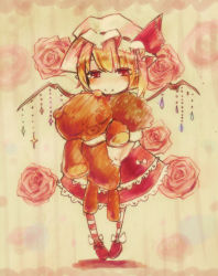 Rule 34 | 1girl, alternate wings, bear, blonde hair, blush, bow, dress, female focus, flandre scarlet, flower, hat, jakkun, pantyhose, red eyes, revision, rose, short hair, smile, solo, striped clothes, striped legwear, striped pantyhose, stuffed animal, stuffed toy, teddy bear, touhou, toy, wings