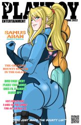 Rule 34 | 1girl, arm cannon, ass, blonde hair, blue bodysuit, blue eyes, bodysuit, breasts, clenched hand, cover, curvy, highres, huge ass, long hair, magazine cover, metroid, nintendo, playboy, ponytail, samus aran, solo, thick thighs, thighs, weapon, wide hips