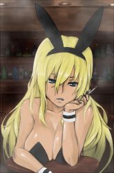 Rule 34 | 1girl, animal ears, bar (place), blonde hair, blue eyes, breasts, cigarette, cleavage, fake animal ears, fingernails, hair between eyes, head rest, indoors, large breasts, leotard, long fingernails, long hair, madarame, mole, mole under mouth, open mouth, original, playboy bunny, rabbit ears, smoke, solo, wrist cuffs