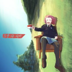 Rule 34 | 1girl, :d, album cover redraw, black sweater, blue skirt, brown footwear, chair, commentary, cup, derivative work, emblem, closed eyes, girls und panzer, grass, highres, holding, holding cup, medium hair, miniskirt, open mouth, oritako, pantyhose, parody, red hair, rosehip (girls und panzer), school uniform, shoes, sitting, skirt, smile, spilling, st. gloriana&#039;s (emblem), st. gloriana&#039;s school uniform, sweater, tea, teacup, the pillows, tree, v-neck