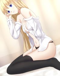 Rule 34 | 1girl, absurdres, bed, between breasts, black panties, black thighhighs, blonde hair, blue eyes, breasts, full body, highres, lexington (warship girls r), long hair, looking at viewer, mecha musume, navel, open clothes, open shirt, panties, personification, shirt, sitting, solo, thighhighs, underwear, very long hair, wariza, warship girls r, wujojin