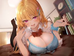 Rule 34 | 1girl, bad id, bad pixiv id, black thighhighs, blonde hair, blue bra, bow, bowtie, bra, breasts, clock, commentary request, curtains, hair ornament, hairclip, highres, indoors, large breasts, long hair, looking at viewer, lying, on stomach, open mouth, original, purple eyes, raru (nanaharararu), red bow, red bowtie, shirt, soles, solo, thighhighs, tongue, tongue out, underwear, white shirt, window