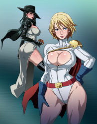 Rule 34 | 2girls, animification, ass, belt, belt skirt, black hair, blonde hair, blue eyes, blue gloves, breasts, buckle, butcha-u, cape, cleavage, cleavage cutout, clothing cutout, dc comics, earrings, gloves, gun, hand on own hip, hand on thigh, hat, huge ass, huge breasts, jewelry, kryptonian, leotard, lips, madame mirage, multiple girls, necklace, power girl, side slit, thighhighs, top cow, veil, weapon