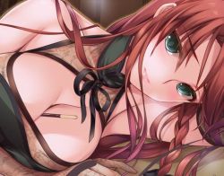 Rule 34 | 1girl, aqua eyes, armpits, bare shoulders, between breasts, breasts, cleavage, dress, food, gloves, hong meiling, jpeg artifacts, large breasts, lips, long hair, looking at viewer, lying, md5 mismatch, monety, on side, pixelated, pocky, pocky day, red hair, solo, touhou