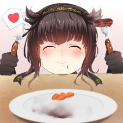 Rule 34 | 1girl, anchor print, anchor symbol, black gloves, black hair, blush, clothes writing, commentary request, closed eyes, food, food bite, food on face, fork, gloves, hachimaki, hair flaps, hairband, hatsuzuki (kancolle), headband, heart, highres, kantai collection, knife, nuka (nvkka), plate, short hair, smile, solo, translation request, utensil
